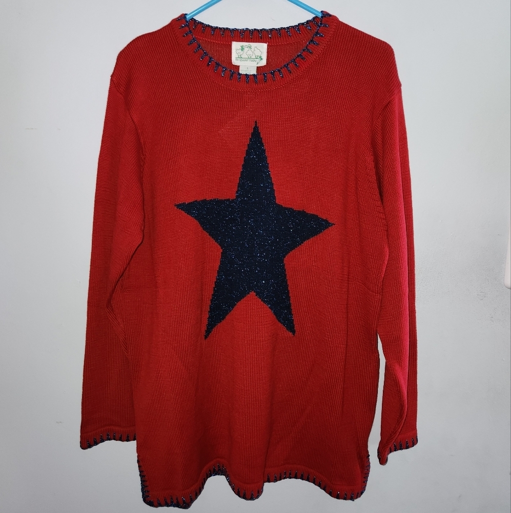 Quacker Factory PulloveSweater Red Blue Star Patriotic Cotton Blend Sparkly